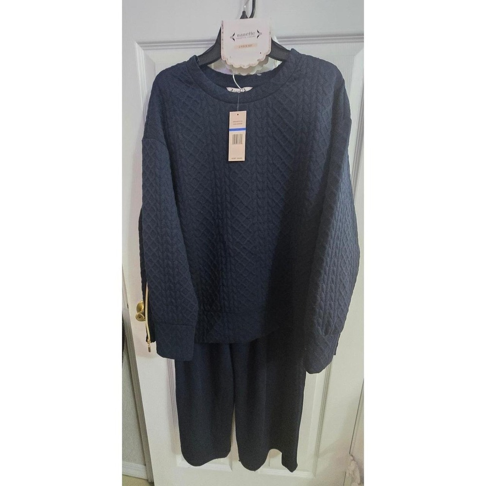 NWT Nanette Lepore Quilted Crewneck & Pants Lounge Set Dark Sapphire XL MSRP $99 - Picture 6 of 7